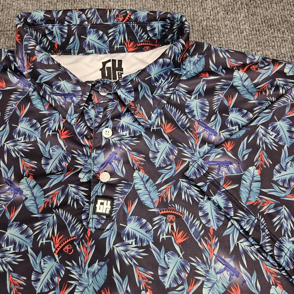 Greater Half GH Golf Polo Shirt Men L Skull Cinco De Mayo Guns All Over‎ Print